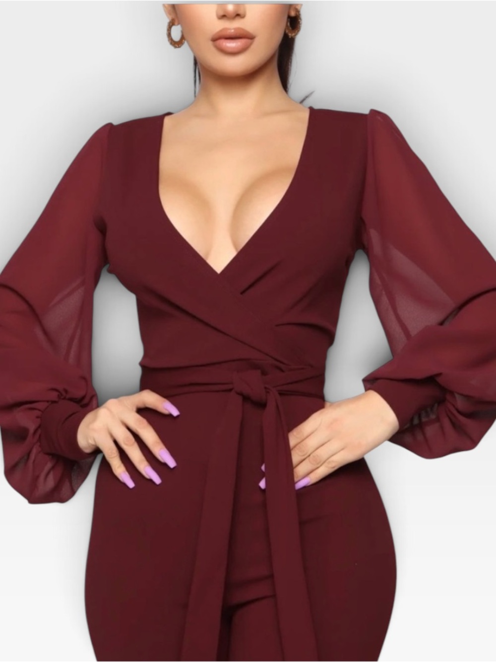 Fashion Nova Wine Wrap Jumpsuit with Sheer Bishop Sleeves - Picture 4 of 4